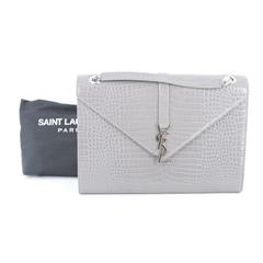 YVES SAINT LAURENT Crocodile Embossed Grey Leather Envelope Bag